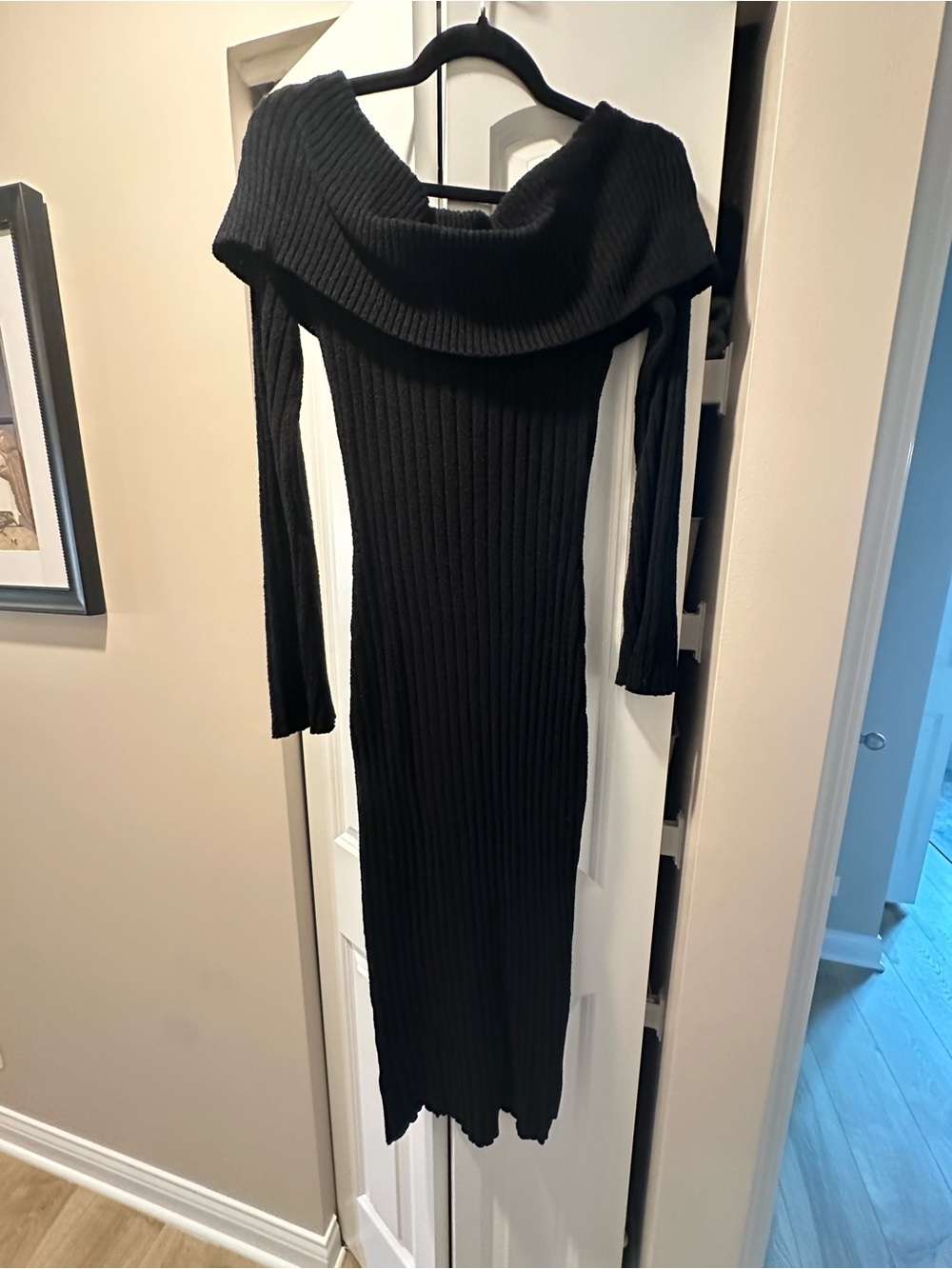 Meshki Black Off-Shoulder Ribbed Midi Dress